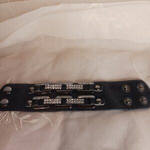 Yik Fung Black Leather And Rhinestone Cuff Bracelet